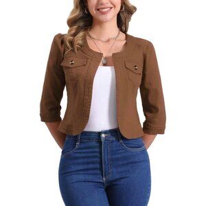Women's Jean Jacket Slim Fit Casual Denim Jacket 3/4 Sleeves Outwear Brown